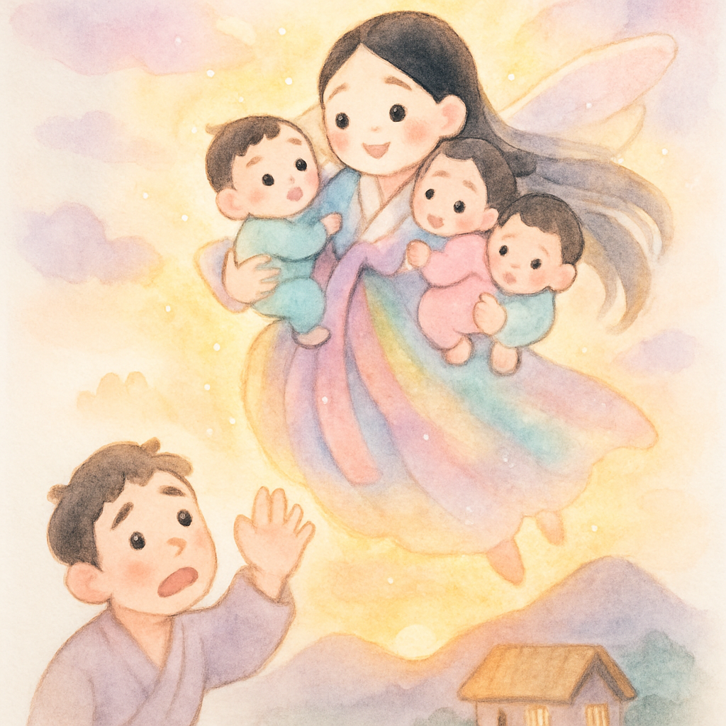 선녀가 하늘 옷을 입고 세 아이를 안은 채 하늘로 날아오르는 모습